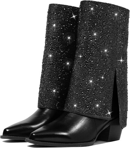 Fold over Mid Calf Boots For Women Chunky Heel Pointed Toe Wide Calf Fashion Sexy Winter Boots For Girl in Kuwait