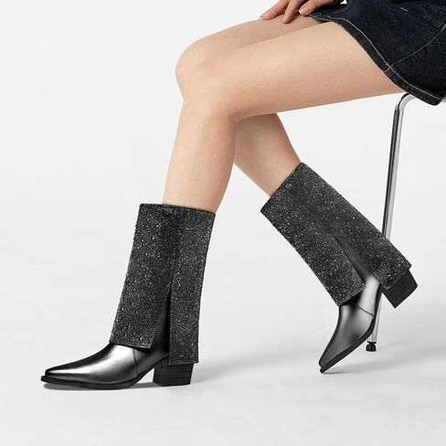 Fold over Mid Calf Boots For Women Chunky Heel Pointed Toe Wide Calf Fashion Sexy Winter Boots For Girl in Kuwait