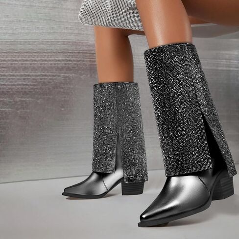 Fold over Mid Calf Boots For Women Chunky Heel Pointed Toe Wide Calf Fashion Sexy Winter Boots For Girl in Kuwait