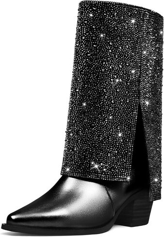 Fold over Mid Calf Boots For Women Chunky Heel Pointed Toe Wide Calf Fashion Sexy Winter Boots For Girl in Kuwait