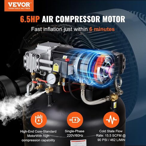 VEVOR 80 Gallon Air Compressor, 2-Stage 145PSI Oil Free Stationary Compressor Tank, 6.5HP 15.5SCFM@90 PSI, Quiet Compressor for Industrial Manufacturing, Workshops (220V/60Hz Single-Phase Power) in Saudi Arabia