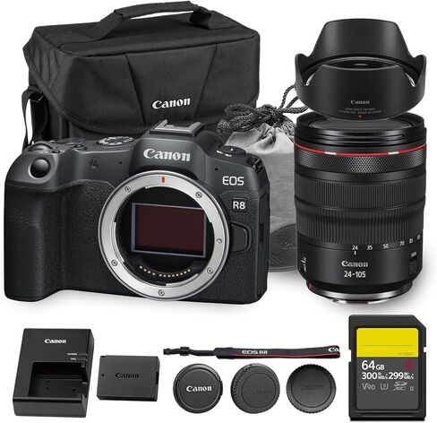 Canon EOS R8 Mirrorless Camera | 24.2MP Full Frame Sensor 4K 60p Video | Compact Lightweight Hybrid Camera for Travel and Content (5803C002) + Canon RF 24-105mm Lens + 64GB Card + Bag in Saudi Arabia