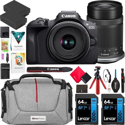 Canon EOS R100 Mirrorless Camera Body w/ 2 Lens Kit RF-S 18-45mm is STM + RF-S 55-210mm is STM 6052C022 (Renewed) Bundle w/Deco Gear Photography Bag + 2X Battery + 2X 64GB Memory Cards + Accessories in Saudi Arabia
