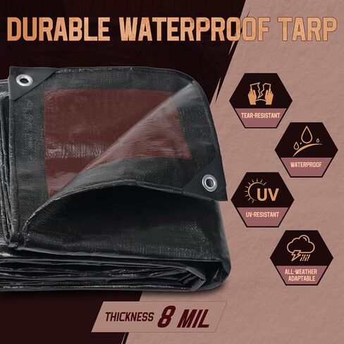 قماش القنب مقاوم للماء 10 × 12 قدم، قماش بوليستر متوسط ​​التحمل مقاوم للماء، مقاوم للأشعة فوق البنفسجية ومقاوم للتمزق، غطاء واقٍ متعدد الأغراض مع حلقات يمكن عكسها للمنزل والقوارب والسيارات والنباتات بني/أسود in Kuwait