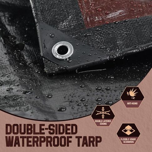 قماش القنب مقاوم للماء 10 × 12 قدم، قماش بوليستر متوسط ​​التحمل مقاوم للماء، مقاوم للأشعة فوق البنفسجية ومقاوم للتمزق، غطاء واقٍ متعدد الأغراض مع حلقات يمكن عكسها للمنزل والقوارب والسيارات والنباتات بني/أسود in Kuwait