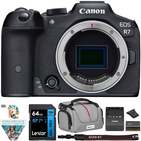 كاميرا Canon EOS R7 بدون مرآة APS-C مع مستشعر فيديو 4K بدقة 32.5 ميجابكسل CMOS، حزمة 5137C002 مع بطاقة ذاكرة Lexar Premium 64 جيجابايت SDXC، وحقيبة كاميرا Deco Essentials ومجموعة Corel Photo Video Suite in Kuwait
