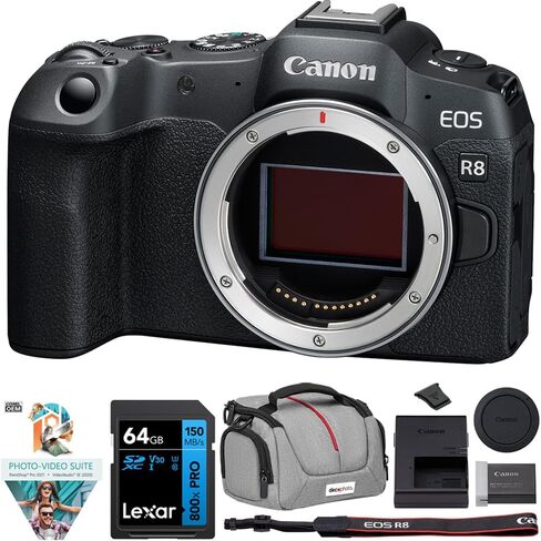هيكل كاميرا Canon EOS R8 كامل الإطار غير مزود بمرآة، حزمة 5803C002 فقط مع بطاقة ذاكرة Lexar Premium SDXC بسعة 64 جيجابايت، وحقيبة كاميرا Deco Essentials ومجموعة Corel Photo Video Suite PaintShop Pro مع VideoStudio SE in Kuwait
