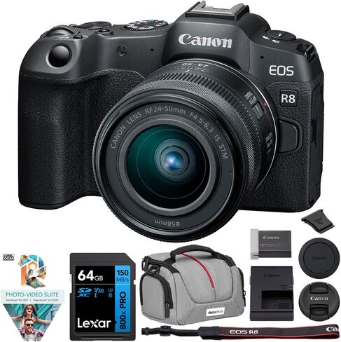 كاميرا Canon EOS R8 كاملة الإطار بدون مرآة + RF 24-50 مم F4.5-6.3 هي حزمة عدسة STM 5803C012 مع بطاقة ذاكرة Lexar Premium 64 جيجابايت SDXC وحقيبة كاميرا Deco Essentials ومجموعة Corel Photo Video in Saudi Arabia