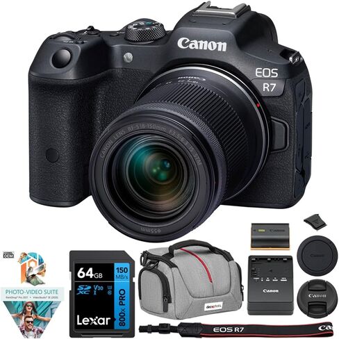 كاميرا Canon EOS R7 بدون مرآة APS-C مع RF-S 18-150MM F3.5-6.3 هي حزمة STM Lens 5137C009 مع بطاقة ذاكرة Lexar Premium 64GB SDXC وحقيبة كاميرا Deco Essentials ومجموعة Corel Photo Video in Kuwait