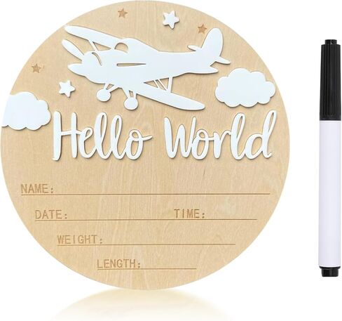 Baby Announcement Sign, 5.9 Inch Wooden Hello World Newborn Sign,Welcome Baby Signs,Birth Announcement Signs,Newborn Name Personalized for Photo Prop Vintage Airplane Design Hospital Nursery (White,White) in Saudi Arabia