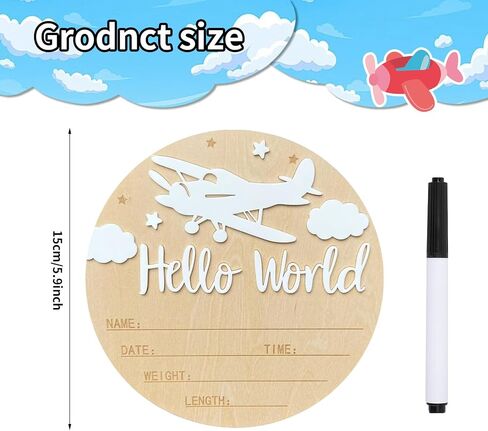 Baby Announcement Sign, 5.9 Inch Wooden Hello World Newborn Sign,Welcome Baby Signs,Birth Announcement Signs,Newborn Name Personalized for Photo Prop Vintage Airplane Design Hospital Nursery (White,White) in Saudi Arabia