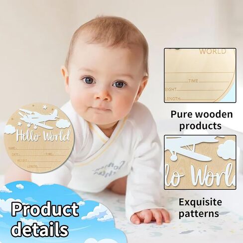 Baby Announcement Sign, 5.9 Inch Wooden Hello World Newborn Sign,Welcome Baby Signs,Birth Announcement Signs,Newborn Name Personalized for Photo Prop Vintage Airplane Design Hospital Nursery (White,White) in Saudi Arabia