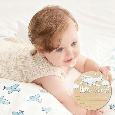 Baby Announcement Sign, 5.9 Inch Wooden Hello World Newborn Sign,Welcome Baby Signs,Birth Announcement Signs,Newborn Name Personalized for Photo Prop Vintage Airplane Design Hospital Nursery (White,White) in Saudi Arabia