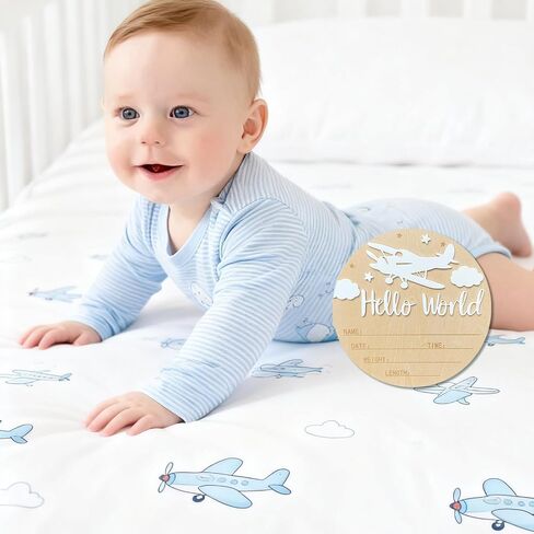 Baby Announcement Sign, 5.9 Inch Wooden Hello World Newborn Sign,Welcome Baby Signs,Birth Announcement Signs,Newborn Name Personalized for Photo Prop Vintage Airplane Design Hospital Nursery (White,White) in Saudi Arabia