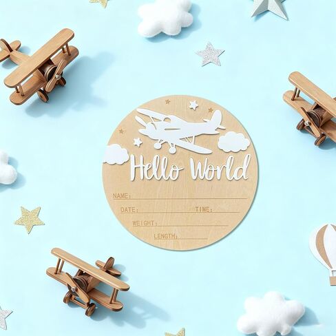 Baby Announcement Sign, 5.9 Inch Wooden Hello World Newborn Sign,Welcome Baby Signs,Birth Announcement Signs,Newborn Name Personalized for Photo Prop Vintage Airplane Design Hospital Nursery (White,White) in Saudi Arabia
