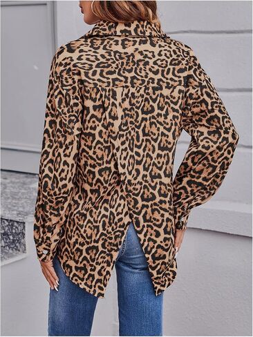 Women's Colorblock Striped Leopard Shirt Button Down Cheetah Shirt Long Sleeve Drop Shoulder Blouse in Saudi Arabia