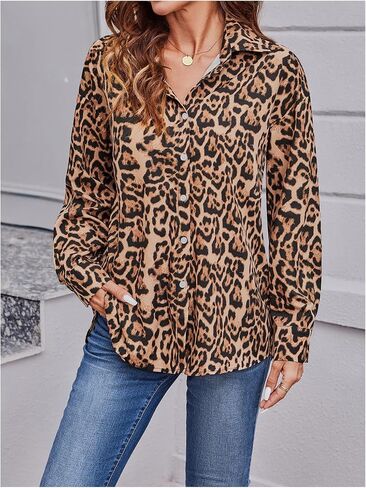 Women's Colorblock Striped Leopard Shirt Button Down Cheetah Shirt Long Sleeve Drop Shoulder Blouse in Saudi Arabia