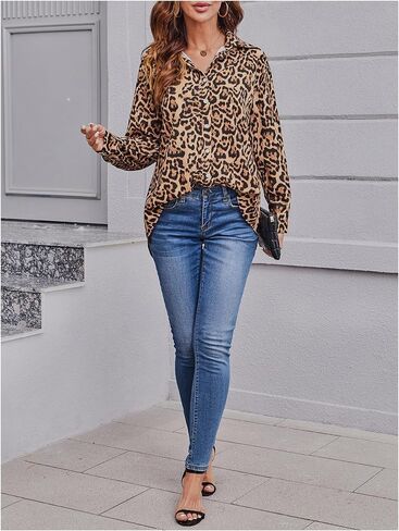 Women's Colorblock Striped Leopard Shirt Button Down Cheetah Shirt Long Sleeve Drop Shoulder Blouse in Saudi Arabia