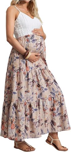 MakeMeChic Women's Maternity Ruffle Maxi Skirt | High Elastic Waisted, Flowy, Boho, Flared Ruffle, Summer Long Skirts, Vacation Outfits in Saudi Arabia