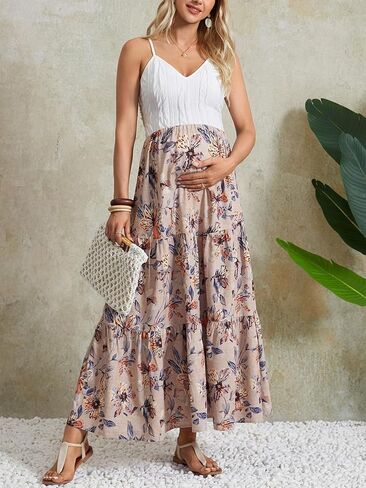 MakeMeChic Women's Maternity Ruffle Maxi Skirt | High Elastic Waisted, Flowy, Boho, Flared Ruffle, Summer Long Skirts, Vacation Outfits in Saudi Arabia