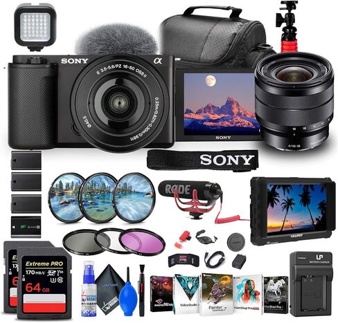 Sony ZV-E10 Mirrorless Camera Kit (Black) with 16-50mm II Power Zoom Lens | 4K Video | Real-Time Autofocus | Creator Camera + Sony E 10-18mm Lens + 4K Monitor + Pro Mic + More (Renewed) in Saudi Arabia