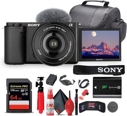 Sony ZV-E10 Mirrorless Camera Kit (Black) with 16-50mm II Power Zoom Lens | 4K Video | Real-Time Autofocus | Creator Camera + 64GB Card + Bag + Card Reader + HDMI Cable + Flex Tripod + More (Renewed) in Saudi Arabia