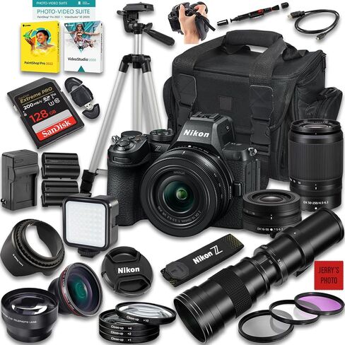 كاميرا Nikon Z5 II بدون مرآة مع عدسة Z DX 16-50 مم f/3.5-6.3 VR و50-250 مم f/4.5-6.3 VR وعدسة 420-800 مم f/8 + ذاكرة 128 جيجابايت + بطارية إضافية + حقيبة كاميرا + المزيد (حزمة 34 قطعة) (متجددة) in Saudi Arabia