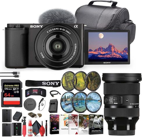 Sony ZV-E10 Mirrorless Camera Kit (Black) with 16-50mm II Power Zoom Lens | 4K Video | Real-Time Autofocus | Creator Camera + Sony 18-105mm Lens + 4K Monitor + Pro Mic + More (Renewed) in Saudi Arabia