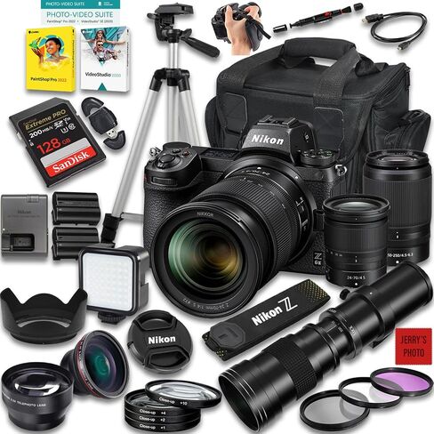 كاميرا Nikon Z6 II بدون مرآة Z مقاس 24-70 مم f/4 S و50-250 مم f/4.5-6.3 VR وعدسة 420-800 مم f/8 + ذاكرة 128 جيجابايت + بطارية إضافية + حقيبة كاميرا + المزيد (حزمة 37 قطعة) (متجددة) in Saudi Arabia