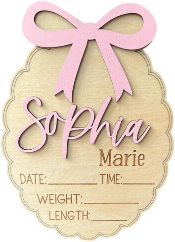 Personalized Bow Scallop Edge 3D Baby Stat Sign, Engraved Birth Announcement Plaque, Baby Shower - Newborn Keepsake (Stat Sign) in Saudi Arabia