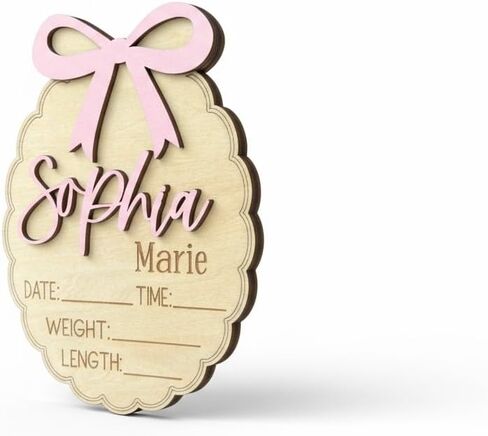 Personalized Bow Scallop Edge 3D Baby Stat Sign, Engraved Birth Announcement Plaque, Baby Shower - Newborn Keepsake (Stat Sign) in Saudi Arabia