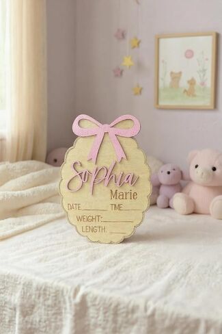 Personalized Bow Scallop Edge 3D Baby Stat Sign, Engraved Birth Announcement Plaque, Baby Shower - Newborn Keepsake (Stat Sign) in Saudi Arabia