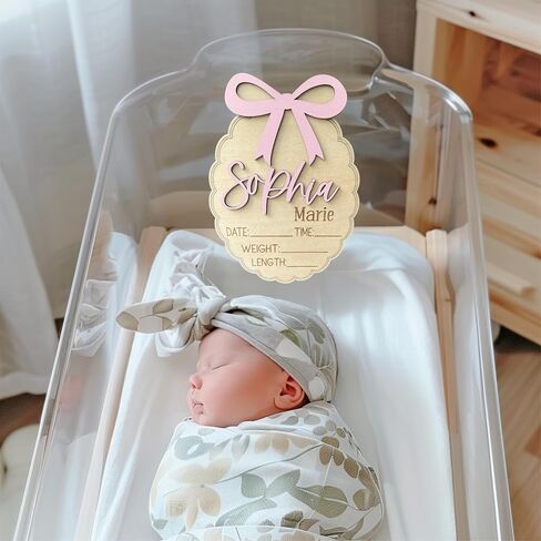 Personalized Bow Scallop Edge 3D Baby Stat Sign, Engraved Birth Announcement Plaque, Baby Shower - Newborn Keepsake (Stat Sign) in Saudi Arabia
