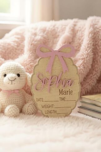 Personalized Bow Scallop Edge 3D Baby Stat Sign, Engraved Birth Announcement Plaque, Baby Shower - Newborn Keepsake (Stat Sign) in Saudi Arabia