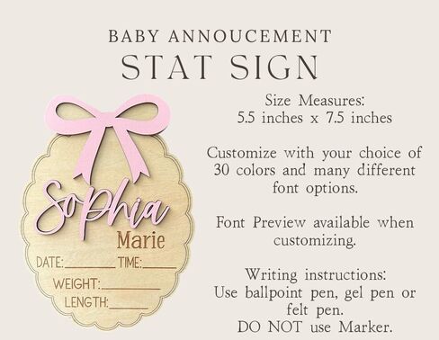 Personalized Bow Scallop Edge 3D Baby Stat Sign, Engraved Birth Announcement Plaque, Baby Shower - Newborn Keepsake (Stat Sign) in Saudi Arabia