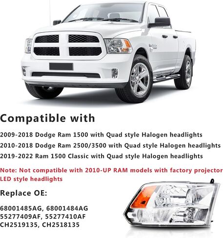 تجميع الأمراض الأمامية متوافقة مع 2009-2018 دودج رام 1500،10-18 RAM 2500 3500 استبدال مصباح مصباح هالوجين هالوجين ، زاوية أمبر أسود الإسكان in Kuwait