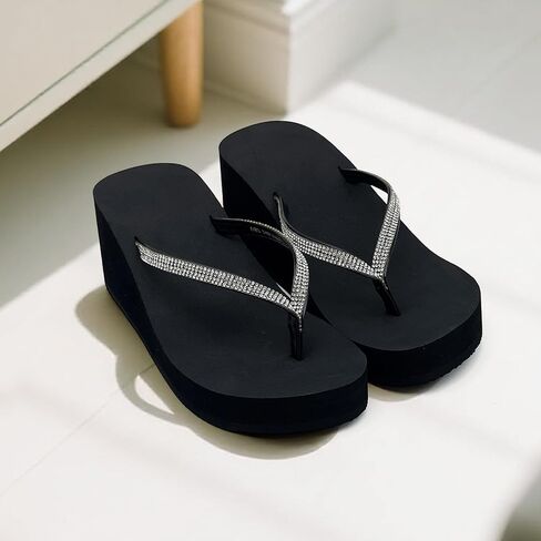 Rhinestone Wedge Sandals for Women, Platform Flip Flops Wedge flip flops Wedding Shoes Beach Walking Heels Thong for Women Dressy in Saudi Arabia