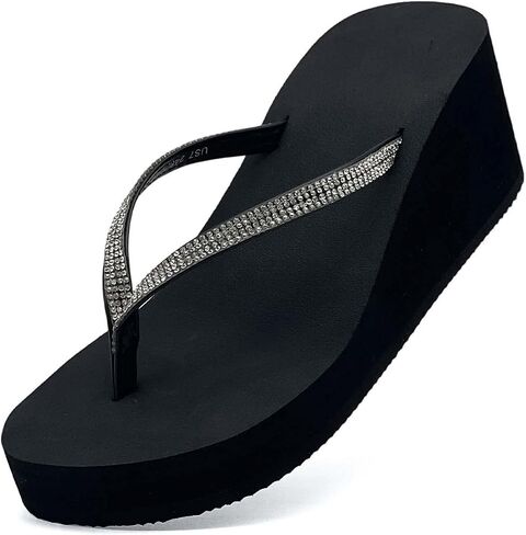 Rhinestone Wedge Sandals for Women, Platform Flip Flops Wedge flip flops Wedding Shoes Beach Walking Heels Thong for Women Dressy in Saudi Arabia