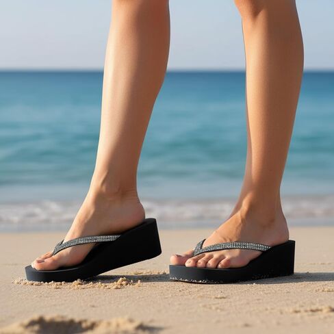 Rhinestone Wedge Sandals for Women, Platform Flip Flops Wedge flip flops Wedding Shoes Beach Walking Heels Thong for Women Dressy in Saudi Arabia