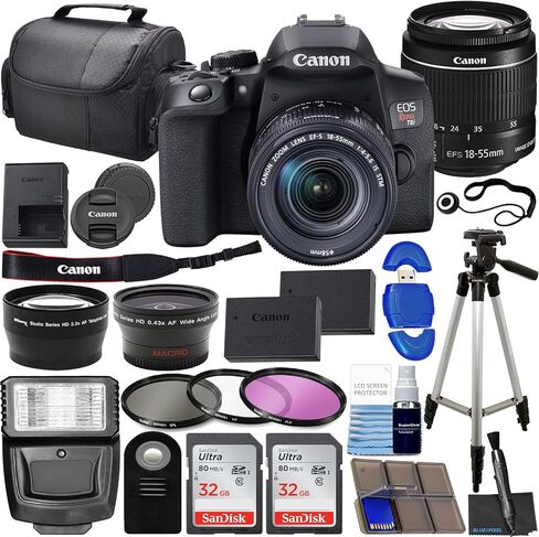 كاميرا Canon EOS Rebel T8i DSLR مع عدسة EF-S مقاس 18-55 مم F/4-5.6 عبارة عن حزمة عدسة تكبير STM + عدسة زاوية واسعة + عدسة مقربة + ذاكرة سعة 128 جيجابايت + حافظة + حامل ثلاثي القوائم + مجموعة مرشحات مكونة من 3 قطع + مجموعة احترافية (متجددة) in Kuwait