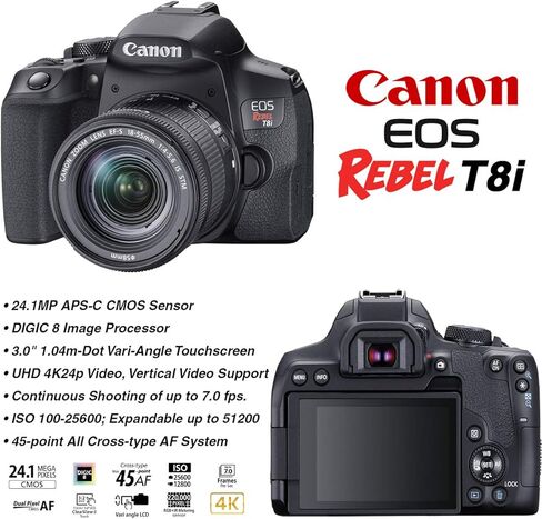 كاميرا Canon EOS Rebel T8i DSLR مع عدسة EF-S مقاس 18-55 مم F/4-5.6 عبارة عن حزمة عدسة تكبير STM + عدسة زاوية واسعة + عدسة مقربة + ذاكرة سعة 128 جيجابايت + حافظة + حامل ثلاثي القوائم + مجموعة مرشحات مكونة من 3 قطع + مجموعة احترافية (متجددة) in Kuwait