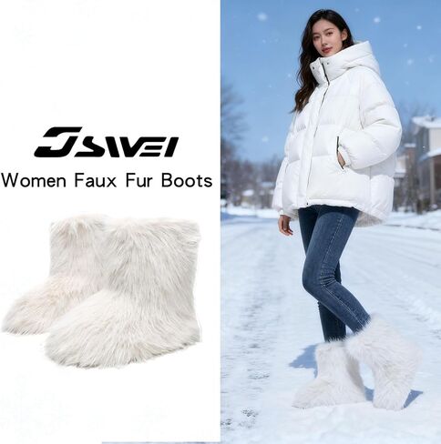 JSWEI Women Winter Snow Boots Soft Comfortable Faux Fur Mid Calf Wide Width Waterproof Warm Lace-Up Snow Boots for Women's Insulated Woman Lightweight Non-Slip Outdoor in Kuwait