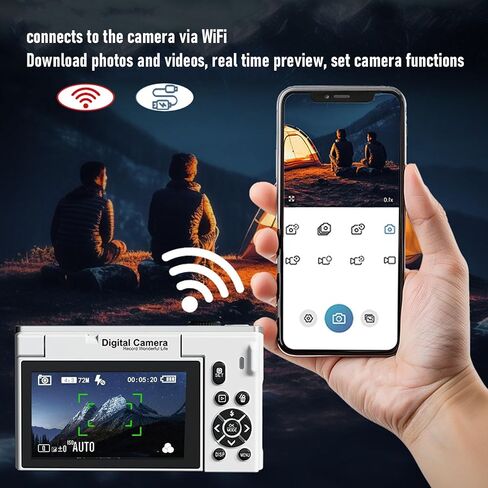 Fabater Digital Camera, 4K 75MP WiFi Mirrorless Camera with 3 Inch Flip Screen and 18X Zoom, Compact Travel Cameras for Travel Landscape Portrait Photography and Vlogging (White) in Saudi Arabia
