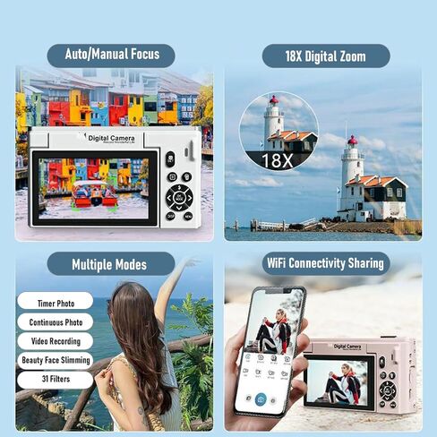 Fabater Digital Camera, 4K 75MP WiFi Mirrorless Camera with 3 Inch Flip Screen and 18X Zoom, Compact Travel Cameras for Travel Landscape Portrait Photography and Vlogging (White) in Saudi Arabia