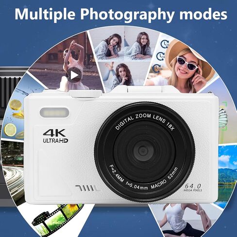 Fabater 4K Digital Camera for Photography, 64MP WiFi Mirrorless Camera with 3 Inch Flip Screen, 18X Digital Zoom, Autofocus, Vlogging for Beginners, Compact Travel (White) in Saudi Arabia