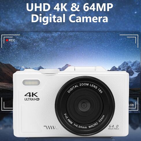 Fabater 4K Digital Camera for Photography, 64MP WiFi Mirrorless Camera with 3 Inch Flip Screen, 18X Digital Zoom, Autofocus, Vlogging for Beginners, Compact Travel (White) in Saudi Arabia