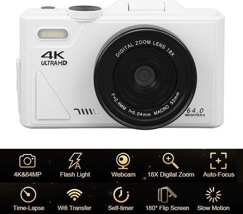 Fabater 4K Digital Camera for Photography, 64MP WiFi Mirrorless Camera with 3 Inch Flip Screen, 18X Digital Zoom, Autofocus, Vlogging for Beginners, Compact Travel (White) in Saudi Arabia