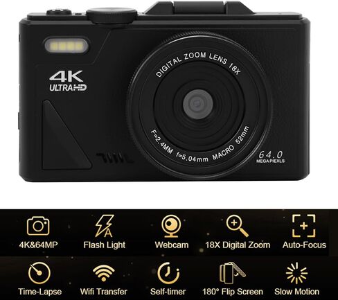 كاميرا رقمية PUSOKEI 4K، كاميرا واي فاي عالية الدقة 64 ميجابكسل بدون مرآة مع شاشة قلاب 3 بوصات 180 درجة، تكبير رقمي 18X، تركيز تلقائي، مقاومة للاهتزاز، كاميرات تسجيل فيديو للتصوير الفوتوغرافي، السفر (أسود) in Saudi Arabia