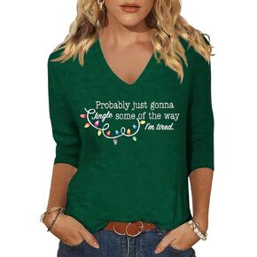 قميص كاجوال 3/4 كم برقبة على شكل حرف V للنساء، تي شيرت مرح للعطلات، تي شيرت فضفاض للخريف والشتاء in Kuwait