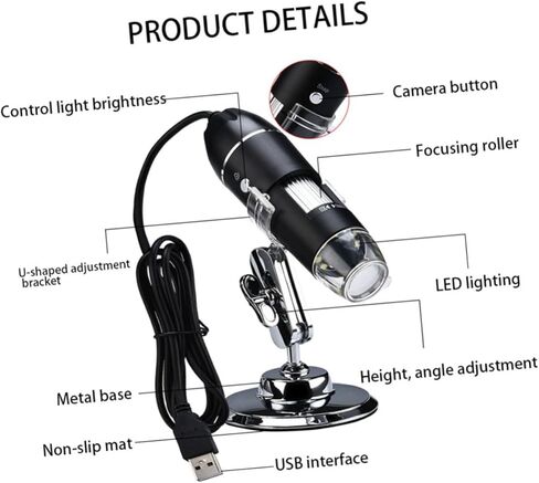 مجهر USB عالي الوضوح للبالغين، حامل قابل للتعديل، أداة تكبير إلكترونية لإصلاح الإلكترونيات، فحص المجوهرات، مختبر الاستخدام، مجهر أسود محمول in Kuwait